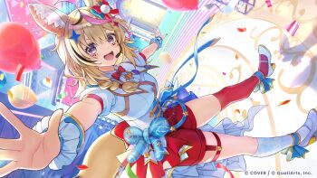 1girl :d absurdres ahoge animal_ear_fluff animal_ears asymmetrical_legwear balloon black_streaks blonde_hair bow bowtie braid commentary_request concert confetti corset double-parted_bangs fox_ears fox_girl fox_tail hair_between_eyes hair_bow hair_ornament hair_over_shoulder headset high_heels highres hololive hololive_dreams kneehighs long_hair looking_at_viewer mismatched_legwear official_alternate_costume official_art omaru_polka open_mouth outstretched_arms over-kneehighs pink_streaks pom_pom_(clothes) pom_pom_hair_ornament puffy_short_sleeves puffy_sleeves purple_eyes red_bow red_bowtie red_shorts red_thighhighs shirt shoes short_shorts short_sleeves shorts side_braid single_braid single_kneehigh single_over-kneehigh single_sock single_thighhigh smile socks solo tail teeth thigh_strap thighhighs traditional_bowtie uneven_legwear upper_teeth_only virtual_youtuber white_corset white_shirt white_shoes white_socks wrist_cuffs