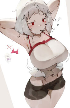 Rule 34 | 2girls, absurdres, armpits, arms behind head, arms up, bare shoulders, black shorts, blush, breasts, camisole, chibi, chibi inset, deko morii, fate/stay night, fate (series), food, food in mouth, highres, illyasviel von einzbern, leysritt (fate), midriff, multiple girls, navel, pocky, red eyes, short hair, short shorts, shorts, solo focus, thighs, white hair