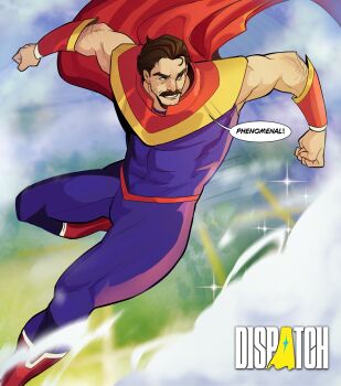 1boy biceps cape commentary copyright_name dispatch english_commentary english_text facial_hair flying grin highres kauv_(k4uvpix) male_focus muscular muscular_male mustache phenomaman red_cape smile speech_bubble superhero_costume