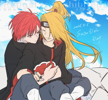 2boys ^_^ akatsuki_uniform asymmetrical_bangs black_nails blonde_hair closed_eyes cloud deidara_(naruto) english_text eyeliner fishnet_top fishnets flying forehead_protector green_nails grey_pants grin happy hayamin35 high_ponytail highres hug hug_from_behind implied_yaoi iwagakure_symbol jewelry long_hair makeup male_focus multiple_boys naruto_(series) pants ponytail red_eyes red_hair ring robe sasori_(naruto) sky smile watermark