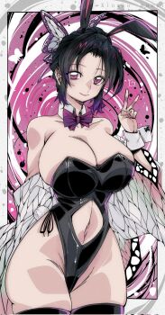 1girl animal_costume black_hair breasts butterfly_hair_ornament hair_ornament kimetsu_no_yaiba kochou_shinobu large_breasts omochi_db peace_symbol rabbit_costume rabbit_ears rabbit_tail short_hair smile