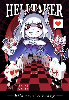 1girl absurdres anniversary azazel_(helltaker) beelzebub_(helltaker) black_necktie blush_stickers board_game cb9_sn1 cerberus_(helltaker) chess colored_skin copyright_name demon_girl demon_horns english_text formal_clothes gloves heart helltaker helltaker_(character) highres horns judgement_(helltaker) justice_(helltaker) lucifer_(helltaker) malina_(helltaker) modeus_(helltaker) mole mole_under_eye necktie outline own_hands_together pandemonica_(helltaker) red_eyes solo_focus speech_bubble spoken_heart suit teeth white_gloves white_hair white_outline white_skin zdrada_(helltaker)