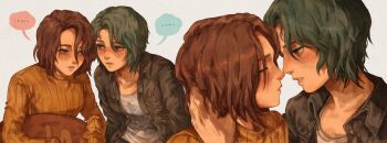 ... 2girls black_jacket blue_hair blush brown_hair brown_sweater chloe_price commentary english_commentary face_piercing highres imminent_kiss jacket life_is_strange_(series) lip_piercing max_caulfield maxcrackfield multiple_girls piercing shirt short_hair spoken_ellipsis sweater turtleneck turtleneck_sweater white_shirt yuri