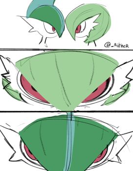 2others aiither bob_cut close-up facing_another gallade gardevoir gen_3_pokemon gen_4_pokemon green_hair hair_between_eyes heads_together highres imminent_kiss looking_at_another mohawk multiple_others nintendo no_mouth parody pokemon pokemon_(creature) pokemon_focus red_eyes sketch twitter_username unfinished upper_body white_background