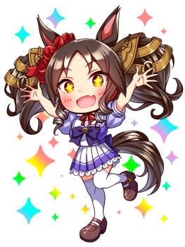+_+ 1girl animal_ears arms_up black_hair blush bow bowtie breasts chibi chibi_only commentary_request ear_scrunchie fang full_body hair_ornament highres horse_ears horse_girl horse_tail large_breasts long_hair looking_at_viewer marvelous_sunday_(umamusume) open_mouth pleated_skirt puffy_short_sleeves puffy_sleeves purple_bow purple_bowtie purple_shirt red_ribbon ribbon sailor_collar sailor_shirt school_uniform shirt shoes short_sleeves skirt smile solo standing standing_on_one_leg sugimotty_nova tail thighhighs tracen_school_uniform twintails umamusume white_sailor_collar white_skirt white_thighhighs yellow_eyes zettai_ryouiki