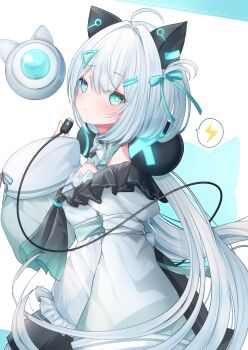 1girl ahoge animal_ears aqua_bow aqua_eyes black_skirt bow bright_pupils cat_ears commission detached_collar dress frilled_dress frills grey_dress grey_hair hair_ornament hairclip highres kurage_cc long_hair long_sleeves off-shoulder_shirt off_shoulder original shirt skeb_commission skirt twintails usb_hub virtual_youtuber white_pupils wide_sleeves