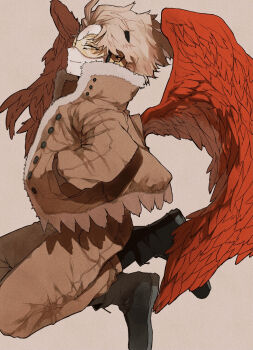 Rule 34 | 1boy, black boots, boku no hero academia, boots, brown hair, brown pants, closed mouth, commentary request, feathered wings, hands in pockets, hawks (boku no hero academia), headphones, highres, male focus, pants, short hair, simple background, smile, solo, tokoame, wings