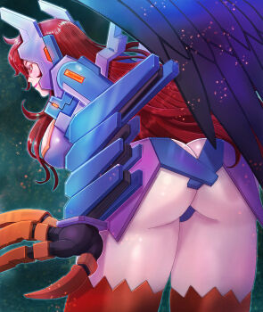 1girl armor ass breasts commentary_request commission cosmic_break cowboy_shot from_behind headgear highres kisrill kiwakiwa large_breasts orange_thighhighs purple_armor smile solo thighhighs