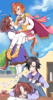 Rule 34 | 3girls, :d, absurdres, ahoge, air shakur (umamusume), animal ears, black hair, blue dress, blue sky, boots, breasts, brown hair, carrying, carrying person, closed eyes, cloud, commentary request, covering with blanket, cup, day, dreaming, dress, eyebrow piercing, face piercing, hairband, high heel boots, high heels, highres, horse ears, horse girl, horse tail, indoors, long sleeves, medium breasts, meisho doto (turbulent blue) (umamusume), meisho doto (umamusume), mug, multicolored hair, multiple girls, open mouth, orange eyes, outdoors, piercing, pink hairband, pink skirt, pleated skirt, profile, puffy long sleeves, puffy sleeves, purple shirt, school uniform, shirt, skirt, sky, sleeping, smile, t.m. opera o (o sole suo!) (umamusume), t.m. opera o (umamusume), tail, thighhighs, thighhighs under boots, tracen school uniform, two-tone hair, umamusume, usako (umauma0602), white hair, white shirt, white thighhighs, yellow boots