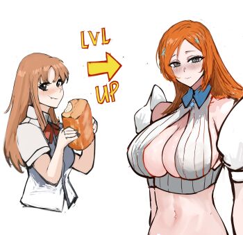 1girl 2024 absurdres age_progression artist_name before_and_after bleach bleach:_sennen_kessen-hen blouse bow bread breast_expansion breasts brown_eyes cleavage cleavage_cutout clothing_cutout detached_sleeves english_text food grey_eyes hair_ornament hairclip highres huge_breasts inoue_orihime karakura_high_school_uniform large_breasts long_hair midriff nero_watch orange_eyes orange_hair patreon_username red_bow school_uniform shirt simple_background source_request white_background