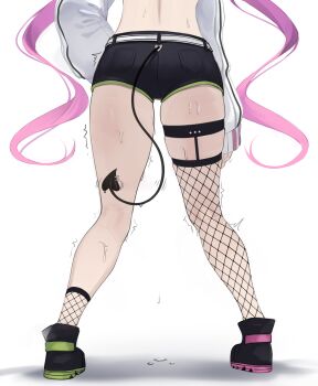 1girl absurdres ass black_shorts black_tail commentary dalcom demon_girl demon_tail fishnet_thighhighs fishnets from_behind grey_background highres hololive leg_focus long_hair purple_hair shorts simple_background single_thighhigh skindentation solo standing suggestive_fluid sweat symbol-only_commentary tail thighhighs tokoyami_towa tokoyami_towa_(1st_costume) trembling very_long_hair virtual_youtuber