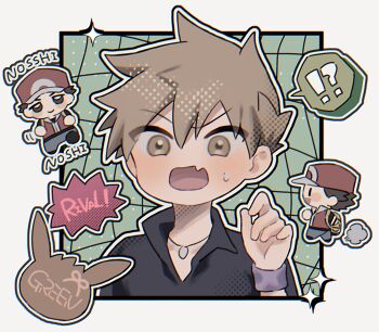 !? 2boys arm_up backpack bag baseball_cap blue_oak blue_pants blush blush_stickers brown_eyes chibi closed_mouth colored_speech_bubble commentary_request english_text fang hat highres jacket jewelry male_focus multiple_boys multiple_views nervous_sweating nintendo open_mouth pants pendant pk_rgr96 pokemon pokemon_frlg red_(pokemon) red_hat red_jacket romaji_text skin_fang smile speech_bubble spoken_interrobang sweat wristband yellow_bag