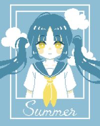 Rule 34 | 1girl, arms at sides, blue background, blue hair, blue sailor collar, closed mouth, cloud, english text, floating hair, highres, long hair, looking at viewer, neckerchief, original, outside border, parted bangs, pixel art, sailor collar, school uniform, serafuku, shirt, short sleeves, solo, straight-on, summer uniform, tori maro, twintails, upper body, white shirt, yellow eyes, yellow neckerchief
