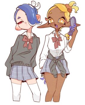 2girls 333surimi alternate_hairstyle blonde_hair blue_hair cellphone clothes_around_waist cropped_legs dark-skinned_female dark_skin fang flip_phone frye_(splatoon) hair_over_one_eye inkling looking_to_the_side multiple_girls nintendo octoling open_mouth phone pointy_ears red_eyes scrunchie shiver_(splatoon) side_ponytail skirt smile splatoon_(series) splatoon_3 sweater sweater_around_waist tentacle_hair thighhighs white_background yellow_eyes