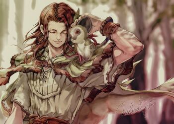 1boy animal animal_on_shoulder brown_hair cape closed_eyes deryk_(ff14) facing_viewer final_fantasy final_fantasy_xiv green_cape highres long_hair male_focus mihira_(tainosugatayaki) monkey smile solo