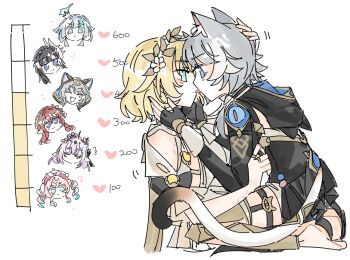 6+girls aglaea_(honkai:_star_rail) animal_ear_fluff animal_ears bite_mark bite_mark_on_arm black_gloves black_hair blonde_hair blue_eyes blue_hair castorice_(honkai:_star_rail) cat_ears cat_girl cat_tail cerydra_(honkai:_star_rail) cipher_(honkai:_star_rail) closed_eyes drill_hair eye_contact fang fingerless_gloves flower gelinzzz gloves grey_hair hair_flower hair_ornament heart highres honkai:_star_rail honkai_(series) hyacine_(honkai:_star_rail) hysilens_(honkai:_star_rail) jewelry kiss_meter_(meme) laurel_crown licking licking_another&#039;s_face licking_another&#039;s_lips looking_at_another meme multiple_girls open_mouth pointy_ears purple_eyes purple_hair ring simple_background smile tail tongue tongue_out tribios_(honkai:_star_rail) twin_drills white_background white_flower yuri