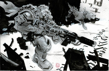 1boy artificial_eye cable cable_(marvel) commentary cyborg cyborg_animal dog english_commentary full_body greyscale gun knee_pads male_focus marvel mechanical_eye monochrome prosthesis prosthetic_leg rifle solo stephen_green suppressor walking weapon x-men