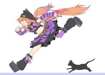 1girl airplane_hair_ornament animal_ear_headwear animal_earrings animal_ears bead_bracelet beads black_cat black_hat blush bracelet breasts cat curly_sidelocks emo_fashion fake_animal_ears fingerless_gloves gloves hat heart_belt_buckle highres horse_ears horse_girl jewelry long_hair low_twintails mayano_top_gun_(rockin&#039;_mewmeow)_(umamusume) mayano_top_gun_(umamusume) midriff navel official_alternate_costume official_alternate_hairstyle open_mouth orange_eyes orange_hair pumpkin_brooch pumpkin_hat_ornament punk purple_arm_warmers skirt smile striped_arm_warmers striped_sleeves tail twintails umamusume zukki_(bijitaru)