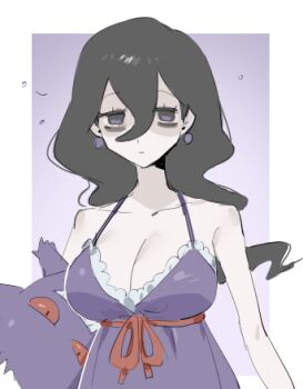 1girl alternate_breast_size_(larger) alternate_costume bags_under_eyes bare_shoulders black_hair breasts character_doll cleavage closed_mouth collarbone commentary doll dress earrings expressionless gen_1_pokemon gengar hair_between_eyes hex_maniac_(pokemon) hex_maniac_(pokemon_legends:_z-a) jewelry large_breasts long_hair looking_at_viewer lowres nintendo pokemon pokemon_legends:_z-a purple_dress raine_(acke2445) solo strapless strapless_dress symbol-only_commentary
