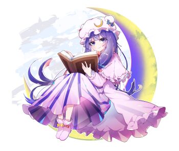 1girl blue_bow blush book bow closed_mouth commentary_request crescent crescent_hat_ornament crescent_moon dress footwear_bow hair_bow hat hat_ornament highres holding holding_book long_hair long_sleeves looking_at_viewer mob_cap moon open_book patchouli_knowledge purple_eyes purple_hair red_bow shoes sia_6767 smile solo striped_clothes striped_dress touhou vertical-striped_clothes vertical-striped_dress very_long_hair yellow_bow