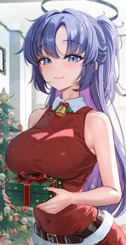 1girl absurdres alternate_costume bare_shoulders belt black_belt black_halo blue_archive blue_eyes blush breasts christmas_tree closed_mouth commentary_request covered_navel dress fingernails gift halo highres holding holding_gift indoors large_breasts long_hair looking_at_viewer purple_hair shem_kako sleeveless sleeveless_dress smile solo very_long_hair yuuka_(blue_archive)