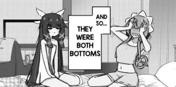 2girls and_so_they_were_both_bottoms_(meme) blush bonnet chirun0 columbina_(genshin_impact) commentary contemporary double_facepalm facepalm genshin_impact greyscale hair_flaps hair_ornament indoors long_hair long_sidelocks meme monochrome multiple_girls multiple_wings navel nose_blush on_bed sandrone_(genshin_impact) short_hair_with_long_locks sidelocks sitting skirt very_long_hair wariza winding_key wing_hair_ornament wings yuri