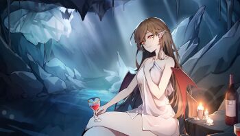 1girl alcohol bare_arms bare_legs bat_wings bottle breasts brown_hair candle cave colored_skin cup drinking_glass highres huge_ears light_rays medium_breasts minerdwen non-web_source pointy_ears sitting smile solo soul_tide sunbeam sunlight thighhighs thighs towel vampire water white_skin wine wine_bottle wine_glass wings yellow_eyes