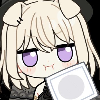 1girl against_fourth_wall animal_ears animated animated_gif arknights bang_dream! bang_dream!_it&#039;s_mygo!!!!! black_hat blonde_hair blush_stickers chibi chibi_only chunye_haruya cleaning_rag closed_mouth dog_ears dog_girl dot_nose hat jitome looking_at_viewer lowres misumi_uika misumi_uika_(caged_singer) pout purple_eyes simple_background solo transparent_background upper_body wiping
