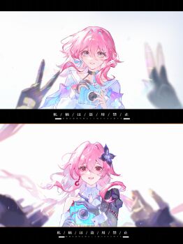 Rule 34 | 2girls, absurdres, aijiang013, black dress, black gloves, camera, chinese commentary, commentary request, commission, double v, dress, dual persona, evernight (honkai: star rail), female pov, fingerless gloves, flower, gloves, hair flower, hair ornament, highres, holding, holding camera, honkai: star rail, honkai (series), letterboxed, long hair, looking at viewer, march 7th (honkai: star rail), march 7th (preservation) (honkai: star rail), medium hair, multicolored eyes, multiple girls, pink hair, pov, pov hands, red eyes, shirt, two-tone eyes, v, very long hair