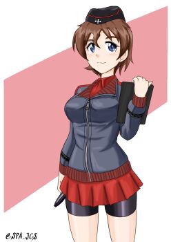 Rule 34 | 1girl, akaboshi koume, bike shorts, bike shorts under skirt, black hat, black jacket, blue eyes, breasts, brown hair, closed mouth, collared shirt, curly hair, garrison cap, girls und panzer, girls und panzer ribbon no musha, hat, highres, holding board, jacket, kuromorimine military uniform, large breasts, miniskirt, nspa (spa-jcs), red shirt, red skirt, shirt, short hair, signature, skirt, smile, track jacket