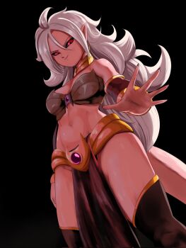 1girl android_21 bare_shoulders black_sclera breasts colored_sclera colored_skin dragon_ball dragon_ball_fighterz earrings female_focus highres ivyrandomart jewelry long_hair looking_at_viewer majin_android_21 medium_breasts navel pelvic_curtain pink_skin pointy_ears red_eyes solo tail thick_thighs thighhighs thighs white_hair