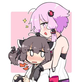 0_0 2girls bare_shoulders black_gloves blunt_bangs blush border brown_hair controller game_controller gloves headgear holding holding_controller holding_game_controller ini_(inunabe00) japanese_clothes jitome kimono looking_at_another multiple_girls open_mouth outline outside_border pink_eyes purple_hair shirt short_hair short_hair_with_long_locks simple_background sleeveless sleeveless_shirt sparkle striped_clothes striped_shirt touhoku_kiritan upper_body v-shaped_eyebrows vertical-striped_clothes vertical-striped_shirt vocaloid voiceroid white_border white_kimono white_outline white_shirt yuzuki_yukari