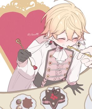 1boy black_gloves blonde_hair blush cake candy closed_mouth eating food fork gloves hand_on_table highres holding j_goux99 male_focus project_sekai smile solo solo_focus tenma_tsukasa throne