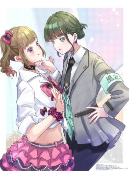 Rule 34 | 2girls, :t, aqua armband, aqua cardigan, armband, black choker, black necktie, black pants, blunt bangs, blush, bow, brown hair, cardigan, choker, closed mouth, collared shirt, commentary request, cowboy shot, eye contact, folded hair, frilled skirt, frills, grabbing another's chin, green eyes, green hair, grey jacket, gyaru, hair bow, hair ornament, hanamusubi (love live!), hand on another's chin, hand on own hip, heart, heart hair ornament, heisei gals!!!! (love live!), heisei retro, highres, jacket, kachimachi kosuzu, kogal, link! like! love live!, long sleeves, looking at another, love live!, medium hair, midriff, miniskirt, momose ginko, multiple girls, necktie, open clothes, open jacket, pants, pink background, pink eyes, pink skirt, sakari (pear 8 ll), school uniform, shirt, short hair, short necktie, sidelocks, skirt, star (symbol), sweatdrop, tied shirt, translation request, twintails, virtual youtuber, white shirt, wide-eyed, yuri