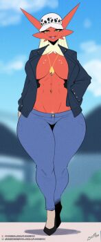 1girl 2020s 2025 abs barely_clothed baseball_cap big_breasts blaziken breasts cleavage colored_sclera curvy denim eyebrows eyelashes female female_focus full_body furry gen_3_pokemon green_eyes hanako_(lyorenth-the-dragon) hat highres jeans jewelry looking_at_viewer lyorenth male mature_female midriff muscular muscular_female narrow_waist navel navel_piercing necklace nintendo no_bra outdoors pants piercing pokemon pokemon_(creature) pubic_hair smile thick_thighs thighs toned_stomach wide_hips yellow_sclera