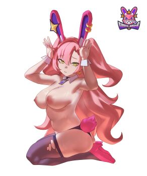 1girl absurdres alternate_costume animal_ear_hairband animal_ears aragiken armpits arms_up ass bare_shoulders black_choker black_panties breasts brown_thighhighs choker commentary detached_collar earrings english_commentary english_text fake_animal_ears fake_tail from_side full_body green_eyes hair_between_eyes hairband heart heart_earrings highres jewelry large_breasts long_hair looking_at_viewer mole mole_on_breast mole_under_eye navel nicole_demara nipples panties parted_lips pendant_choker pink_hair pink_shoes pink_tail playboy_bunny rabbit_ear_hairband rabbit_ears rabbit_pose rabbit_tail seiza shoes simple_background sitting solo stomach sweat tail thighhighs torn_clothes torn_thighhighs underwear white_background white_wrist_cuffs wrist_cuffs zenless_zone_zero