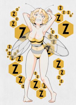 1girl angry antenna_hair antennae armpits arms_behind_head arms_up arthropod_girl bare_hips barefoot bee bee_girl blonde_hair blue_eyes blush breasts bug cleavage clenched_teeth collarbone covered_navel crimea-chan drawfag fang feet groin hair_between_eyes hexagon highres insect insect_girl layered_hair leotard letter looking_at_viewer medium_breasts monster_girl original paper_background romanian_drawfag short_hair sleeveless standing striped_clothes striped_leotard teeth thick_thighs thighs tiptoes toes trapezius white_background wings z_(russian_symbol)
