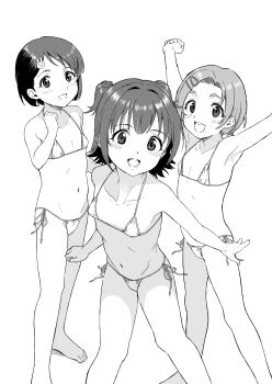 3girls absurdres akagi_miria armpits bare_arms bare_shoulders bikini blush commentary_request flat_chest greyscale hair_ornament hairclip highres idolmaster idolmaster_cinderella_girls loli looking_at_viewer monochrome multiple_girls navel open_mouth outstretched_arms paid_reward_available rabbit_hair_ornament ryuzaki_kaoru sasaki_chie shinkun_(natsume_so) short_hair side-tie_bikini_bottom simple_background smile spread_arms swimsuit tareme white_background