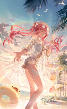 1girl artist_request backlighting bare_legs beach beach_chair bikini bird blue_sky blunt_bangs brown_eyes card_(medium) cloud double_bun duck_innertube earrings eyelashes eyewear_on_head feet_out_of_frame floating_clothes floating_hair flock flower food food-themed_earrings frilled_sleeves frills game_cg gradient_sky hair_bun hair_flower hair_ornament hat highres holding holding_food holding_popsicle innertube jacket jewelry leg_tattoo light_particles long_hair long_sleeves navel nikki_(nikki) nikki_(series) ocean offering_hand official_art one_eye_closed open_clothes open_jacket orange_skirt outdoors outstretched_hand palm_tree parted_lips pink-tinted_eyewear pink_flower pink_hair pink_rose polka_dot polka_dot_bikini popsicle puffy_long_sleeves puffy_sleeves rainbow rose round_eyewear rubber_duck seagull see-through_clothes see-through_jacket shining_nikki simple_bird skirt sky smile solo squid standing stomach summer summer_sea_breeze_(shining_nikki) sun_hat sunglasses sunset swimsuit tattoo third-party_source tinted_eyewear tree twintails white_bikini white_hat white_jacket yellow-framed_eyewear