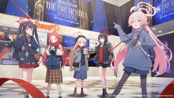 4girls ahoge argyle_clothes argyle_jacket backpack bag black_hair black_jacket black_pantyhose blonde_hair blue_archive blue_jacket brown_skirt character_request copyright_notice grey_sweater halo heterochromia hoshino_(blue_archive) indoors jacket long_hair multiple_girls nuudoru official_art pantyhose pink_hair pink_halo plaid_clothes plaid_skirt pointing red_eyes red_shirt shirt skirt sweater twintails yuzu_(blue_archive)