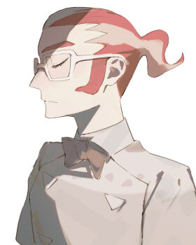 1boy bow bowtie ccf2q closed_eyes closed_mouth frown glasses grisham_(pokemon) highres male_focus multicolored_hair nintendo pokemon pokemon_legends:_z-a ponytail profile shirt sideburns simple_background solo streaked_hair upper_body white-framed_eyewear white_background white_shirt