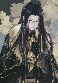 1boy ascot black_cape black_gloves black_hair black_shirt blue_eyes butterfly_ornament cape chinese_commentary clarence_clayden clarence_clayden_(godheim) closed_mouth commentary_request curtained_hair disertea earrings floral_background frilled_shirt_collar frills fur-trimmed_cape fur_trim gloves green_background highres holding jewelry leaf_print long_hair long_sleeves looking_at_object lovebrush_chronicles male_focus maple_leaf_print mismatched_earrings mole mole_under_eye monocle official_alternate_costume parted_bangs print_cape ring shirt solo upper_body yellow_ascot