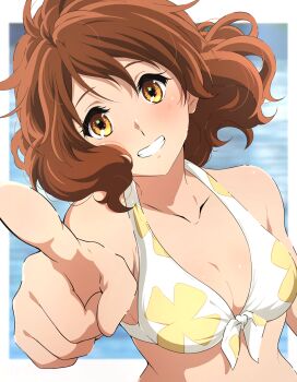 1girl :d bare_shoulders bikini blush border breasts brown_hair cleavage collarbone commentary_request grin hibike!_euphonium highres looking_at_viewer medium_breasts medium_hair multicolored_bikini open_mouth oumae_kumiko outside_border parted_lips pointing pointing_at_viewer smile solo swimsuit two-tone_bikini upper_body usagihop white_bikini white_border yellow_eyes