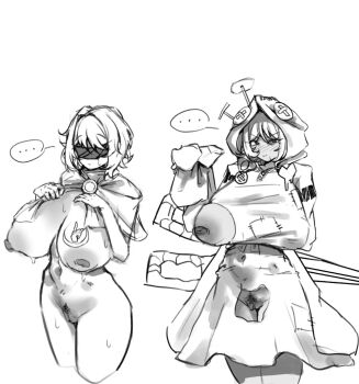 2girls blindfold blush breasts catnip_scent closed_mouth commentary covered_eyes covered_navel english_commentary faust_(project_moon) female_pubic_hair greyscale hood hood_up hooded_coat huge_breasts i'll_go_fer_scissors._how_'bout_you?_(e.g.o) index_(identity)_(project_moon) large_breasts large_buttons limbus_company looking_at_viewer monochrome multiple_girls nipple_cutout nipples outis_(project_moon) patchwork_clothes pin project_moon pubic_hair pussy pussy_cutout uncensored