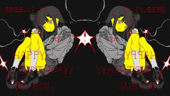 Rule 34 | 1girl, absurdres, black hair, black necktie, black shoes, black skirt, character name, clone, colored skin, dated, earrings, full body, grey eyes, grin, hair ornament, happy birthday, highres, holding, izumi 087, jewelry, kneehighs, long sleeves, looking at viewer, medium hair, necklace, necktie, original, pleated skirt, shirt, shoes, skirt, smile, socks, star (symbol), star hair ornament, white socks, yellow skin