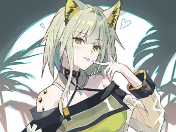 Rule 34 | 1girl, :p, animal ear fluff, animal ears, arknights, bare shoulders, breasts, cat ears, cat girl, commentary, den dendayo, dress, green dress, green eyes, green hair, kal'tsit (arknights), looking at viewer, material growth, off-shoulder dress, off-shoulder jacket, off shoulder, oripathy lesion (arknights), solo, tongue, tongue out