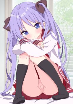 1girl absurdres ass black_ribbon blue_eyes blush cleft_of_venus clitoris closed_mouth commentary_request full_body hair_ribbon head_tilt highres hiiragi_kagami hiiragisensei kneehighs long_hair long_sleeves looking_at_viewer lucky_star no_panties no_shoes pleated_skirt purple_hair pussy ribbon ryouou_school_uniform sailor_collar school_uniform serafuku shirt sitting skirt socks solo twintails uncensored very_long_hair white_shirt
