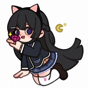 Rule 34 | 1girl, animal ear hairband, animal ears, bad id, bad tumblr id, black hair, black jacket, black shoes, blue eyes, blue skirt, braid, cat ear hairband, cat ears, crescent, fake animal ears, full body, glint, hairband, half up braid, hand up, jacket, long hair, looking at viewer, nijisanji, open mouth, plaid clothes, plaid skirt, ring pop, school uniform, shoes, simple background, skirt, smile, solo, thighhighs, tsukino mito, tsukino mito (1st costume), very long hair, virtual youtuber, white background, white thighhighs, yknsugar
