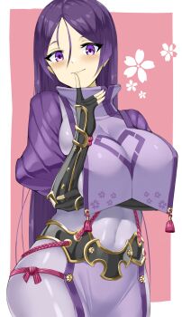 1girl absurdres arm_guards armor blush bodysuit breasts fate/grand_order fate_(series) fingerless_gloves gloves goma. highres japanese_armor kote large_breasts long_hair looking_at_viewer minamoto_no_raikou_(fate) minamoto_no_raikou_(first_ascension)_(fate) navel parted_bangs purple_bodysuit purple_eyes purple_hair ribbed_sleeves rope smile solo thighs very_long_hair