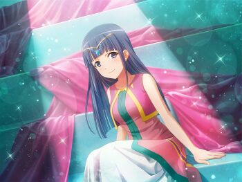 Rule 34 | 1girl, blue eyes, blue hair, blunt bangs, breasts, closed mouth, dress, dutch angle, game cg, headpiece, looking at viewer, medium breasts, official art, pink dress, pink vest, shoujo kageki revue starlight, shoujo kageki revue starlight -re live-, sitting, smile, solo, spotlight, tsuyuzaki mahiru, upper body, vest